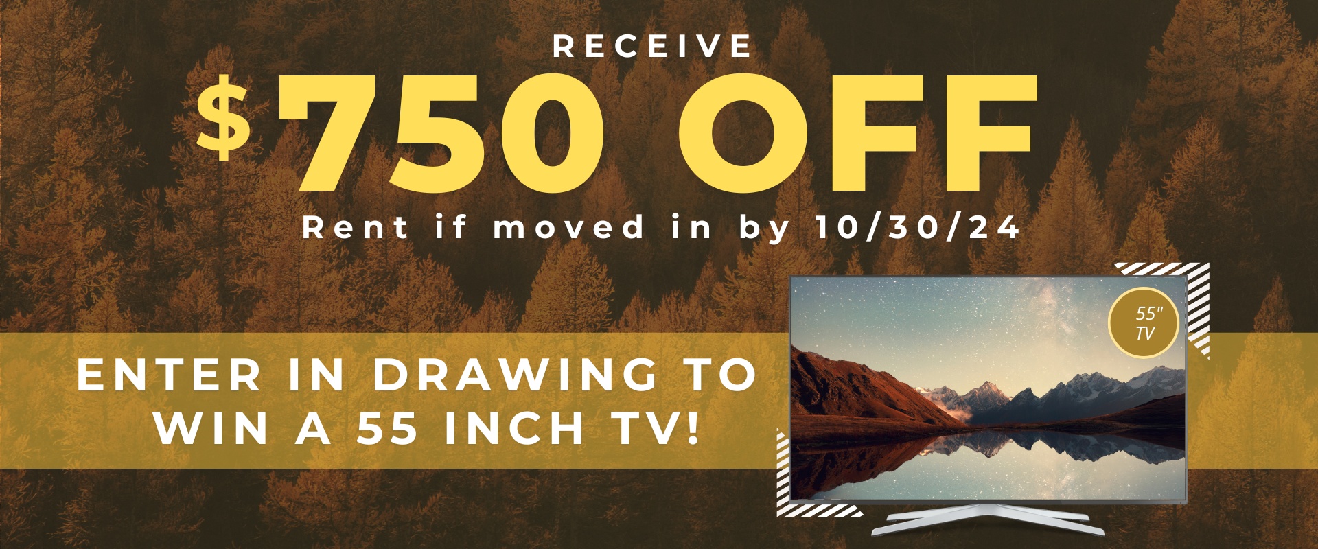 Receive $750 off rent if moved in by 10/30/24. Enter in drawing to win a 55 inch TV!.